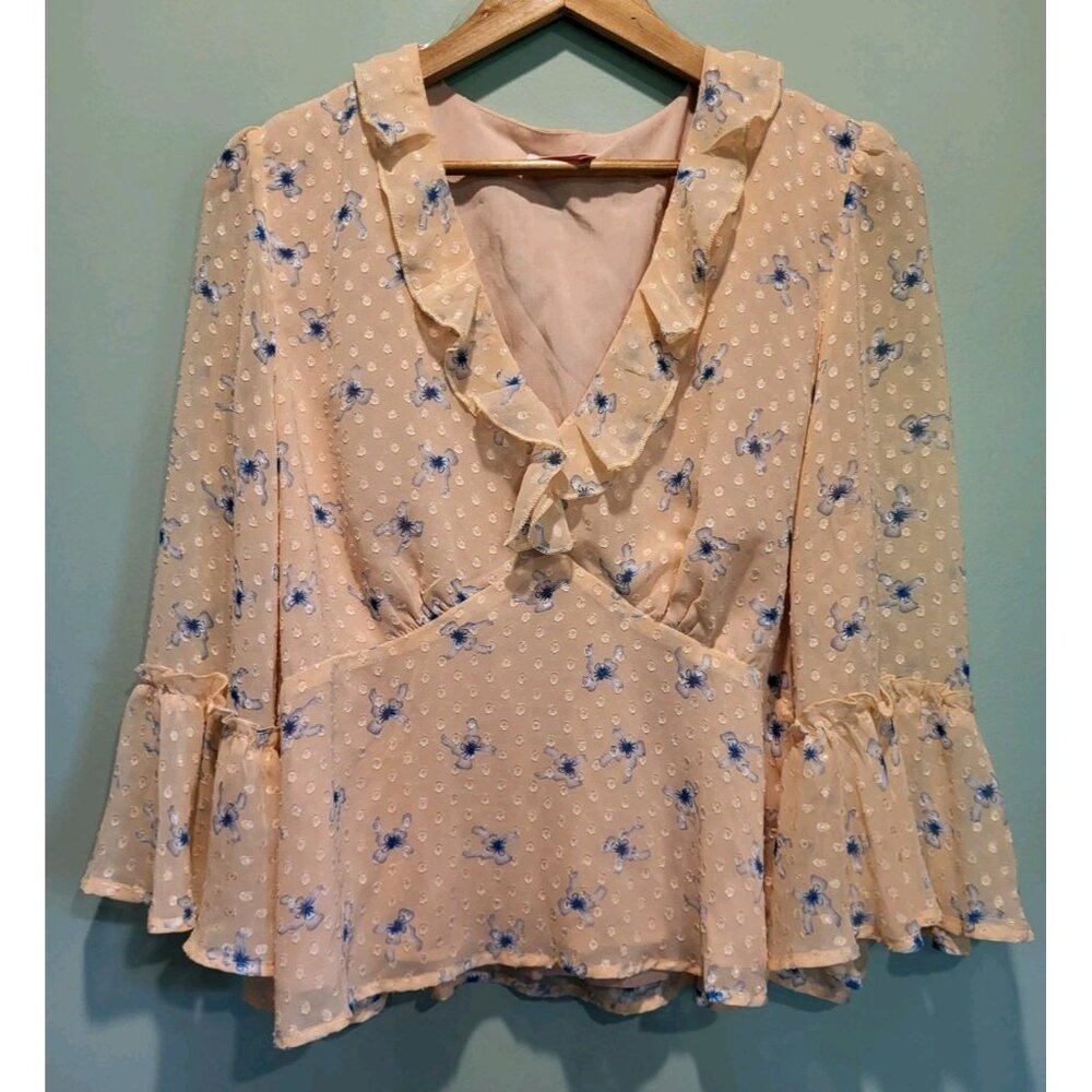 Y2K Peach Blue Floral Chiffon Babydoll 3/4 Sheer Sleeve Top Ruffle Sz L Coquette